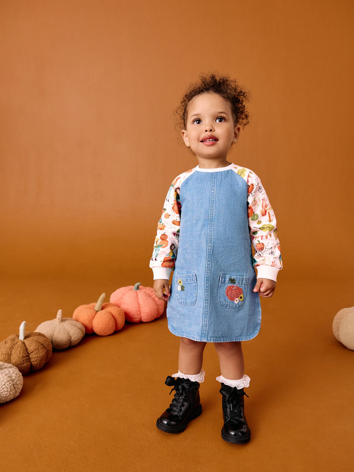 Pumpkin Print Raglan Denim Dress (3mths-8yrs)