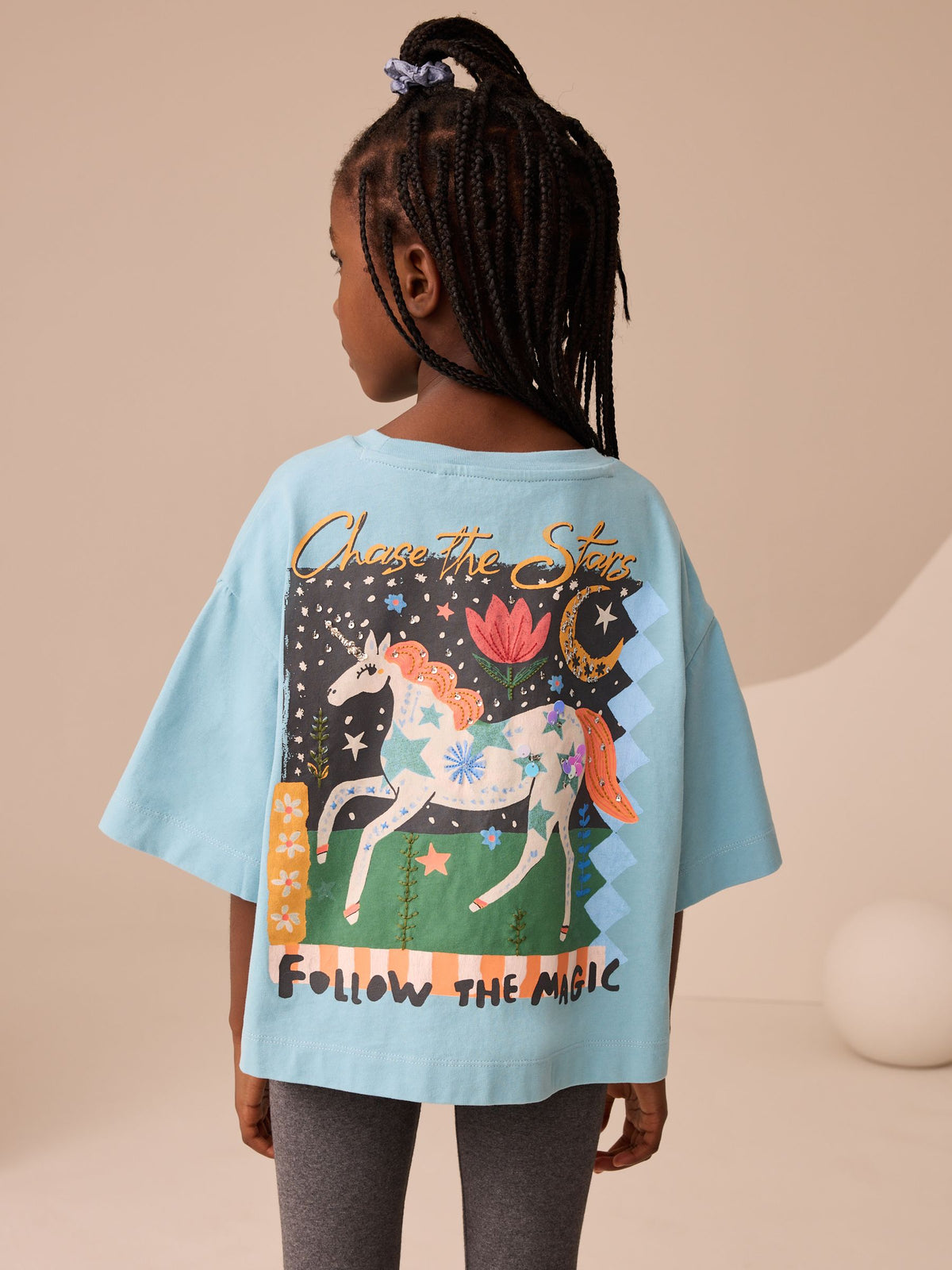 Teal Blue Sequin Boxy Unicorn Graphic Print T-Shirt (3-16yrs)