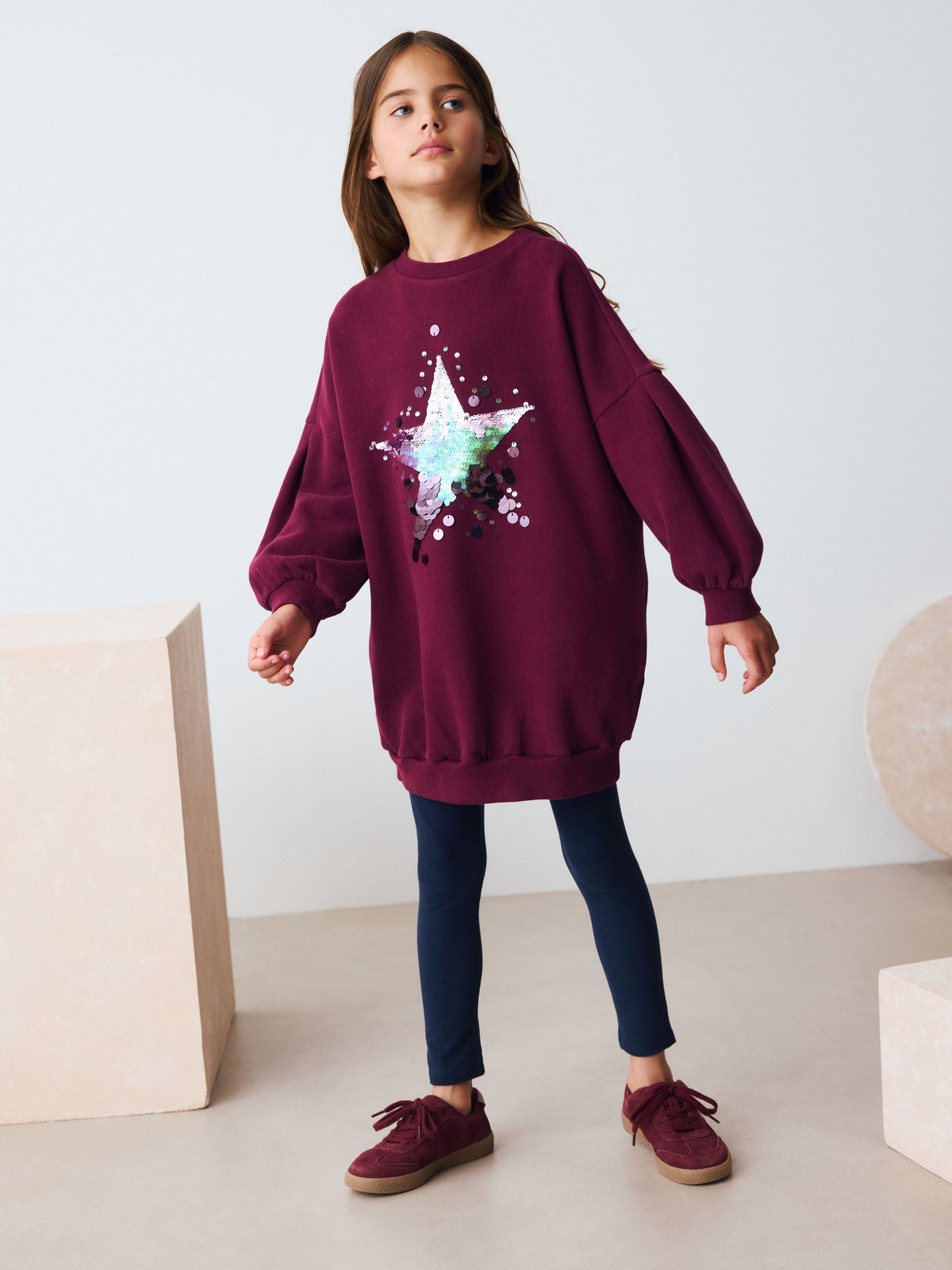 Burgundy Red Sequin Star Jumper Dress (3-16yrs)