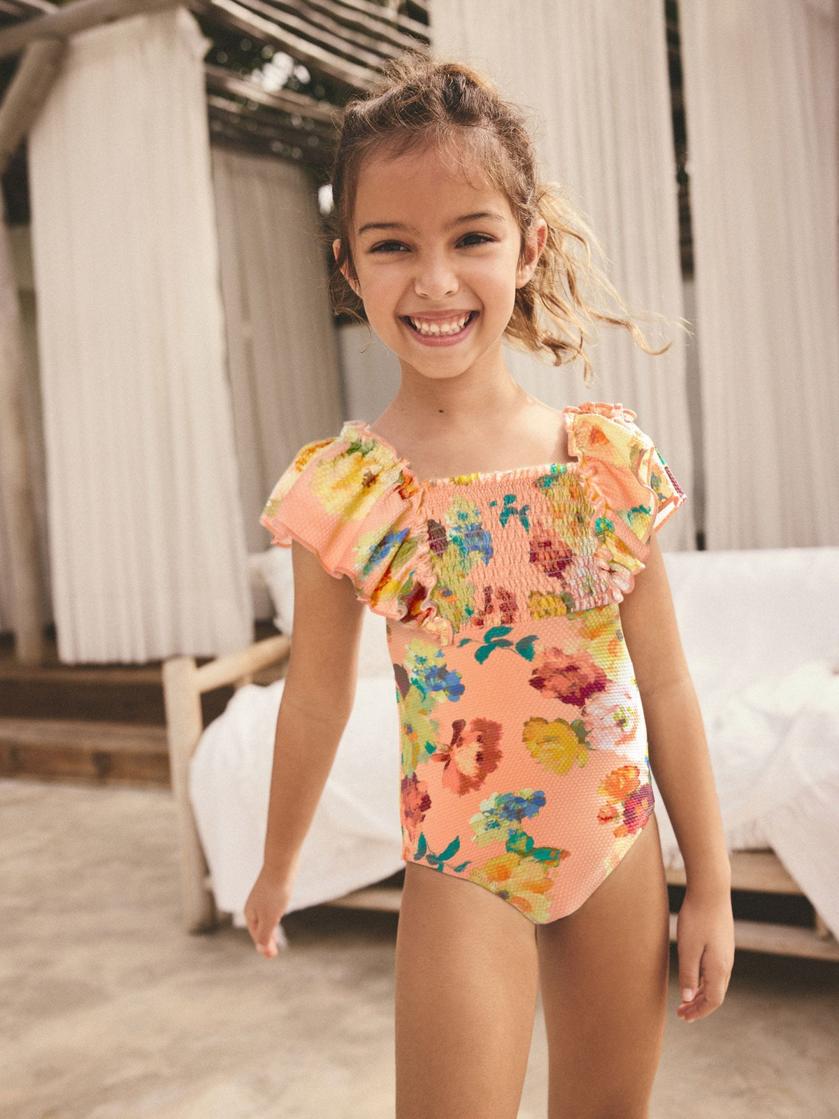 Pink Floral Shirred Frill Sleeve Swimsuit (3-16yrs)