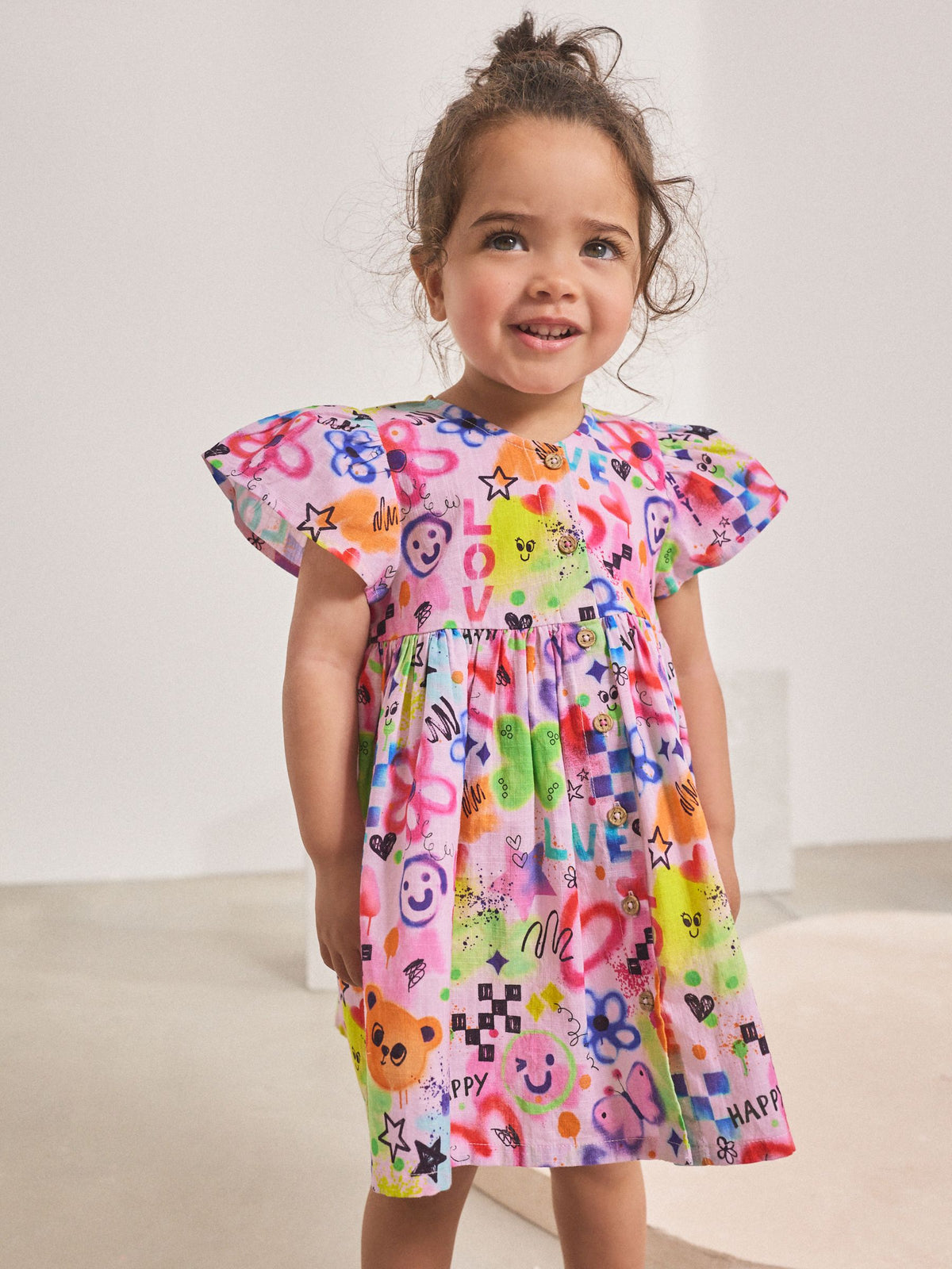 Multi Pink Graffiti Button Up Summer Dress (3mths-10yrs)