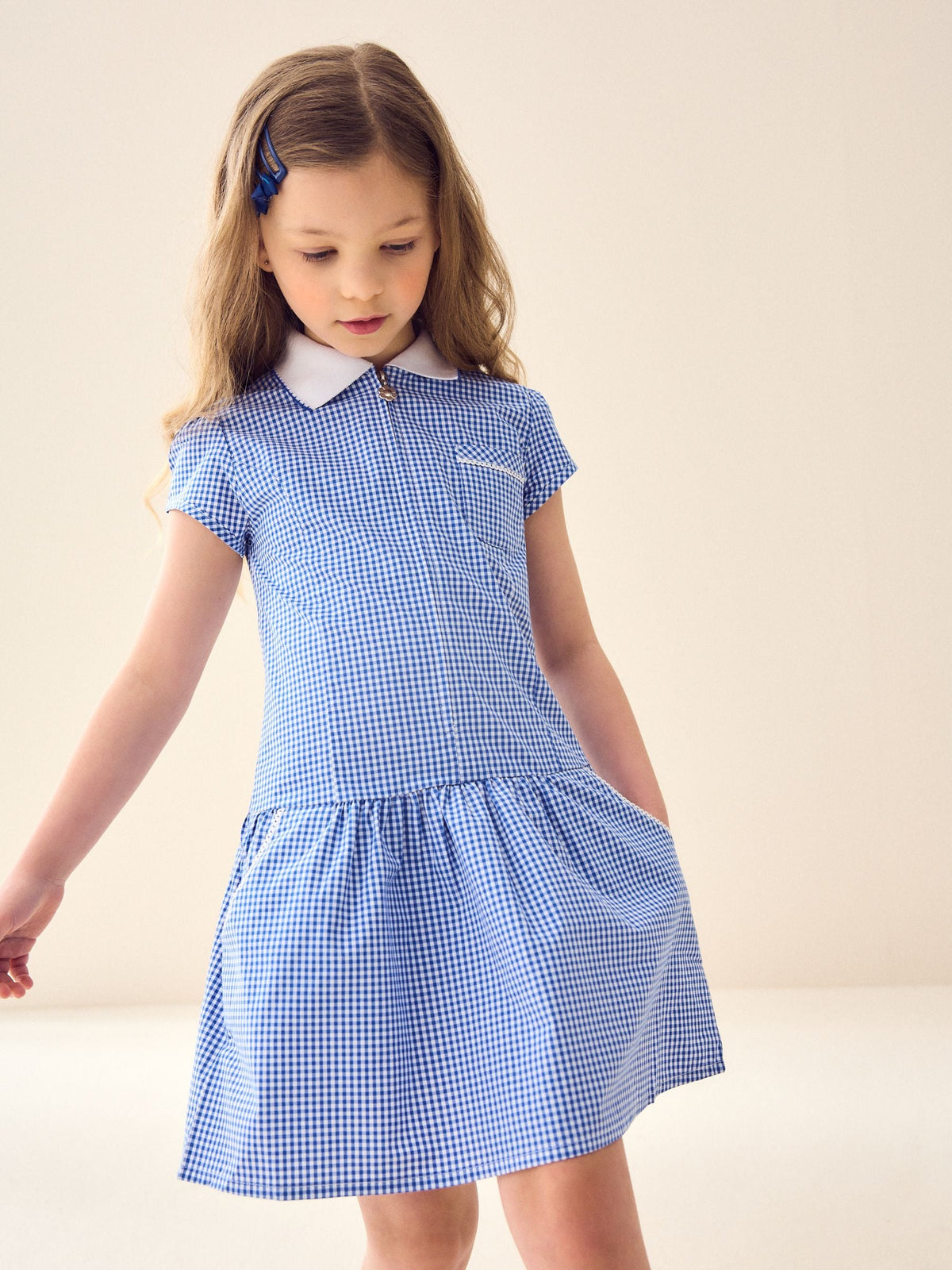 Mid Blue Zip Front Cotton Rich Gingham School Dress (3-14yrs)