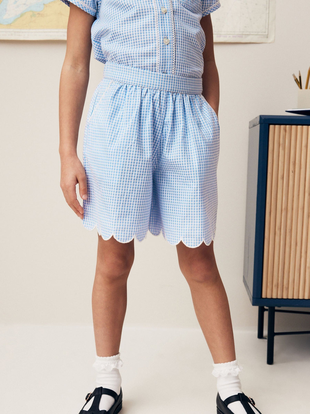 Blue Pull-on Cotton Rich School Gingham Shorts (3-14yrs)